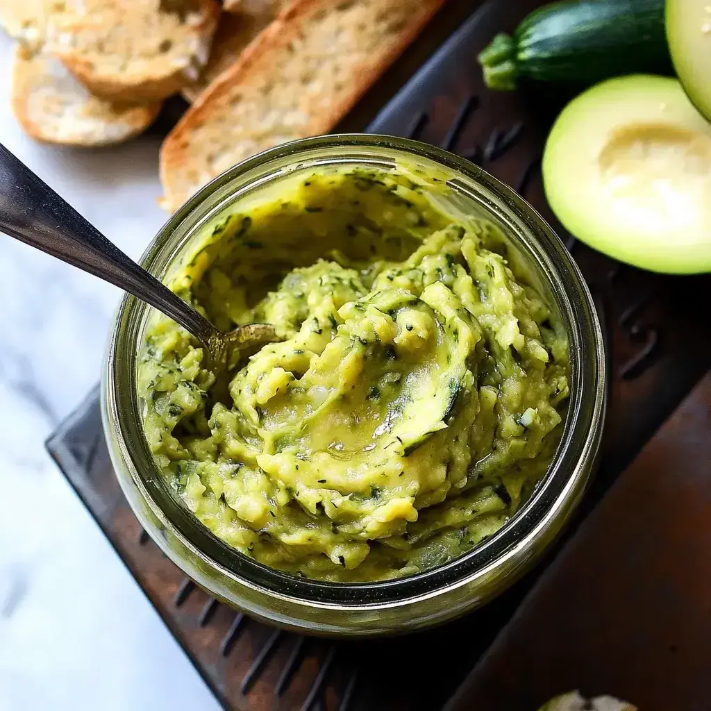 Zucchini butter served as a dip with fresh vegetables on a wooden board