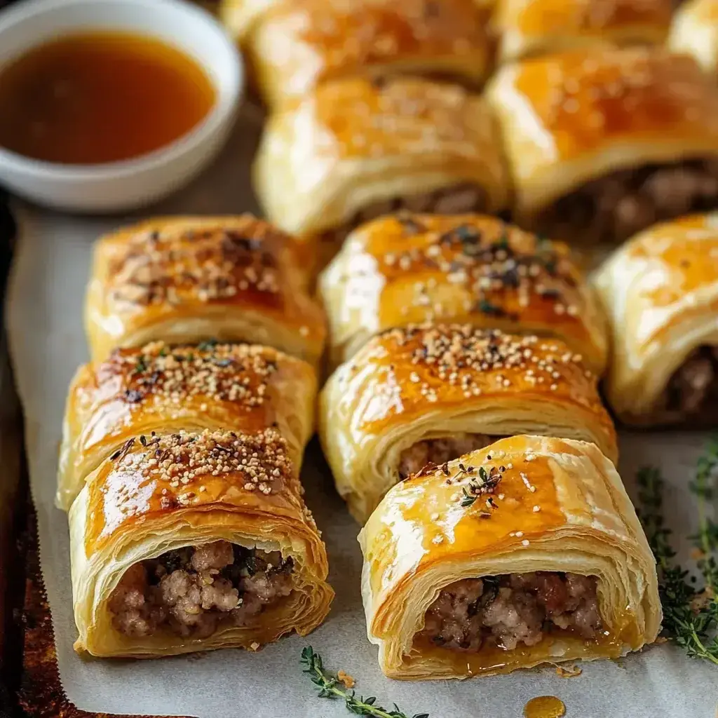 Finished Sausage Rolls Hot Honey drizzled with hot honey and sprinkled with everything bagel seasoning, ready to serve.