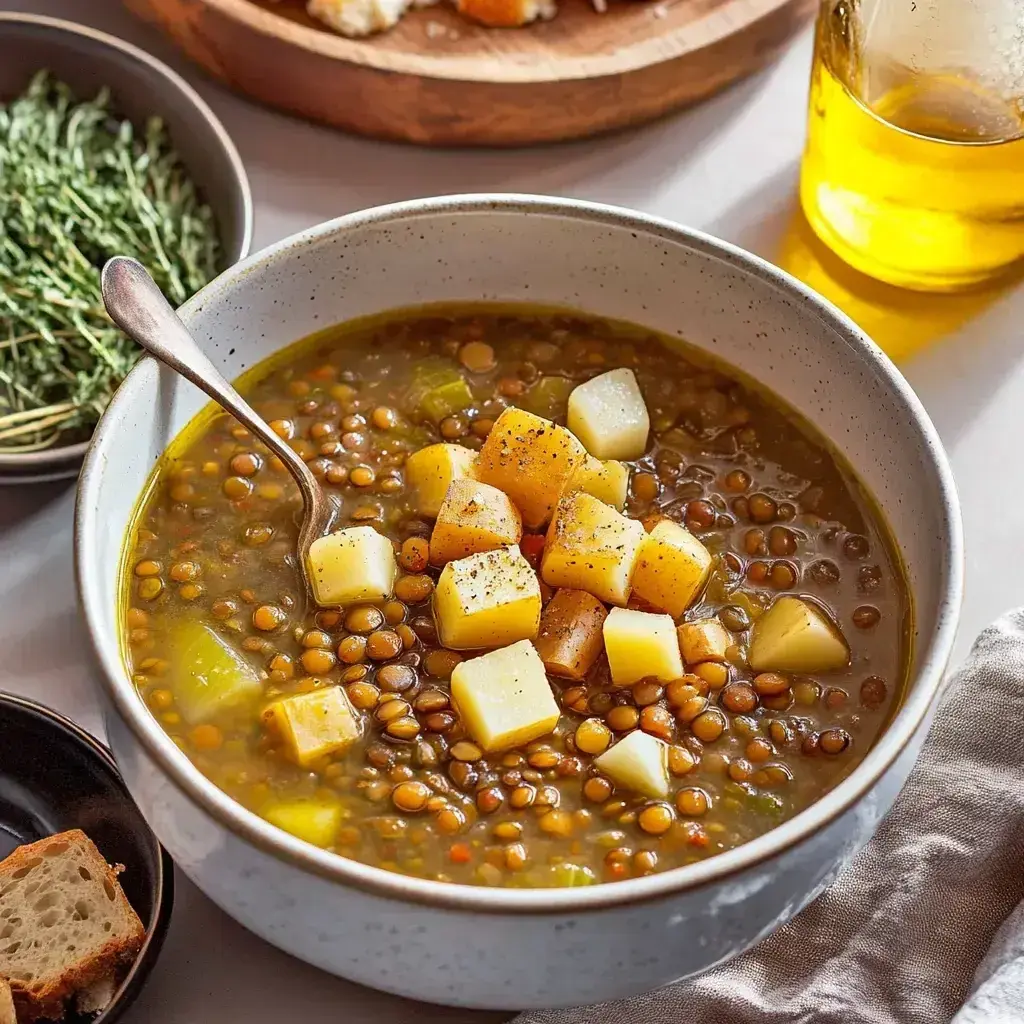 Bowl of finished Lentil Potato Soup garnished with herbs, ready to serve as a comforting meal.