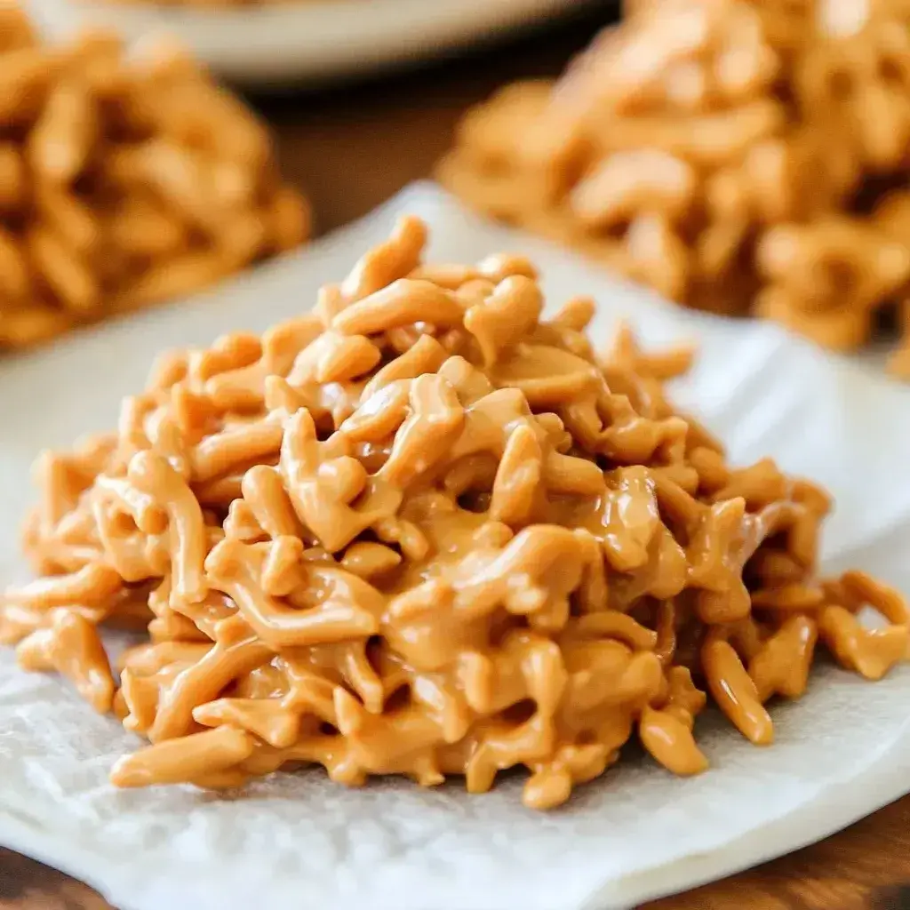 Close-up of finished Butterscotch Haystacks on a serving plate, showing texture and golden color.