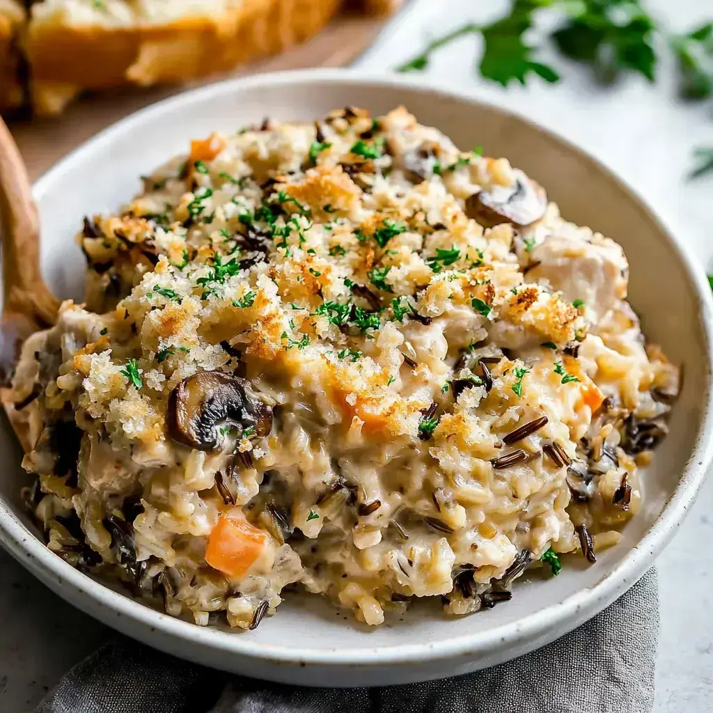 Close-up of the plated Chicken and Wild Rice Casserole, highlighting the crispy topping and creamy layers.