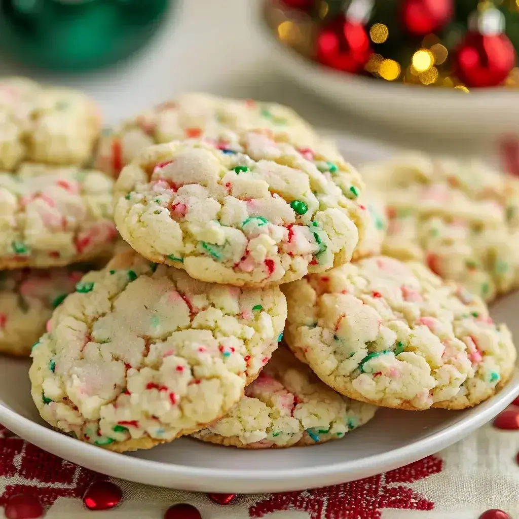 Close-up view of soft Christmas Gooey Butter Cookies dusted with powdered sugar and adorned with colorful festive sprinkles