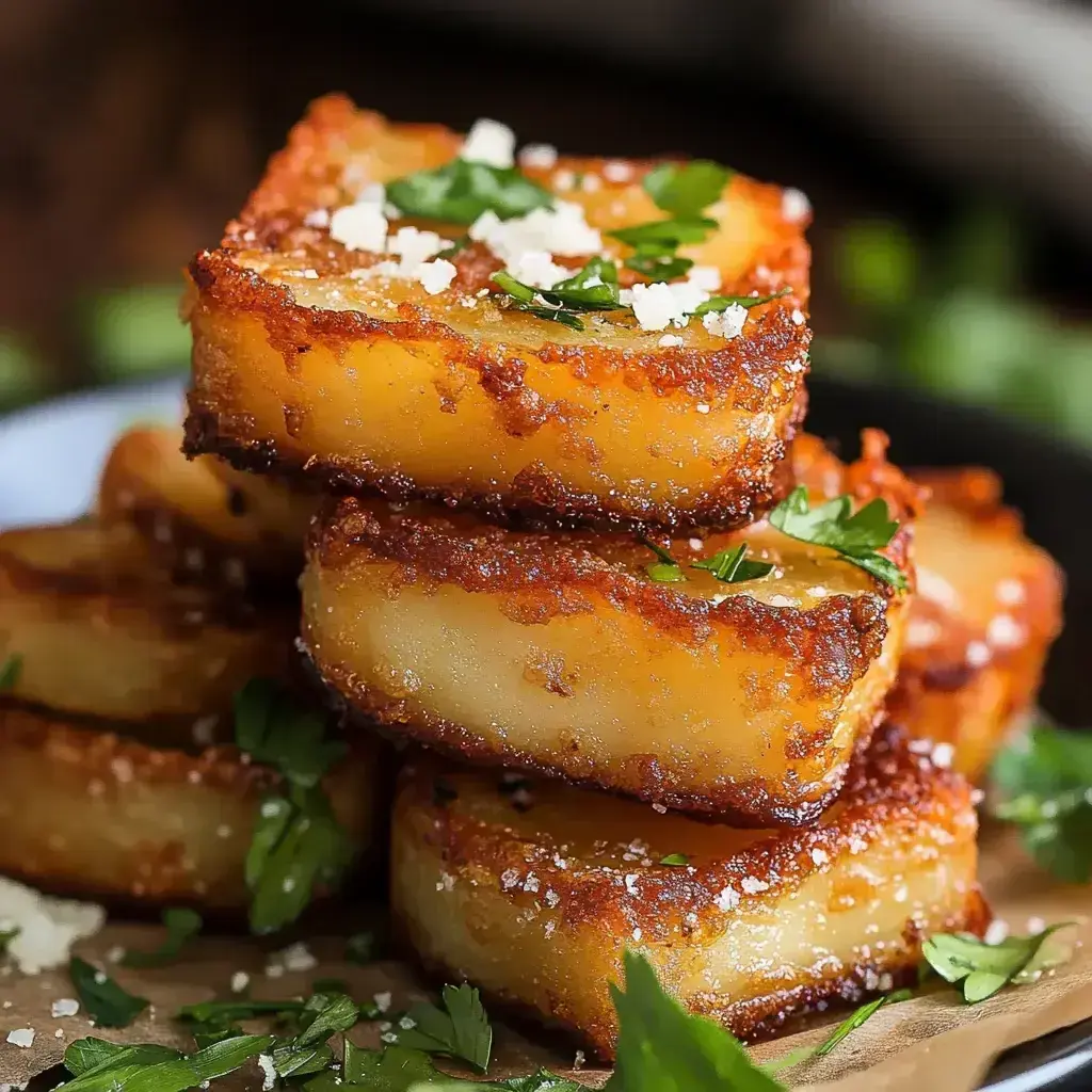 Close-up of crispy stacked potatoes fresh off the fryer