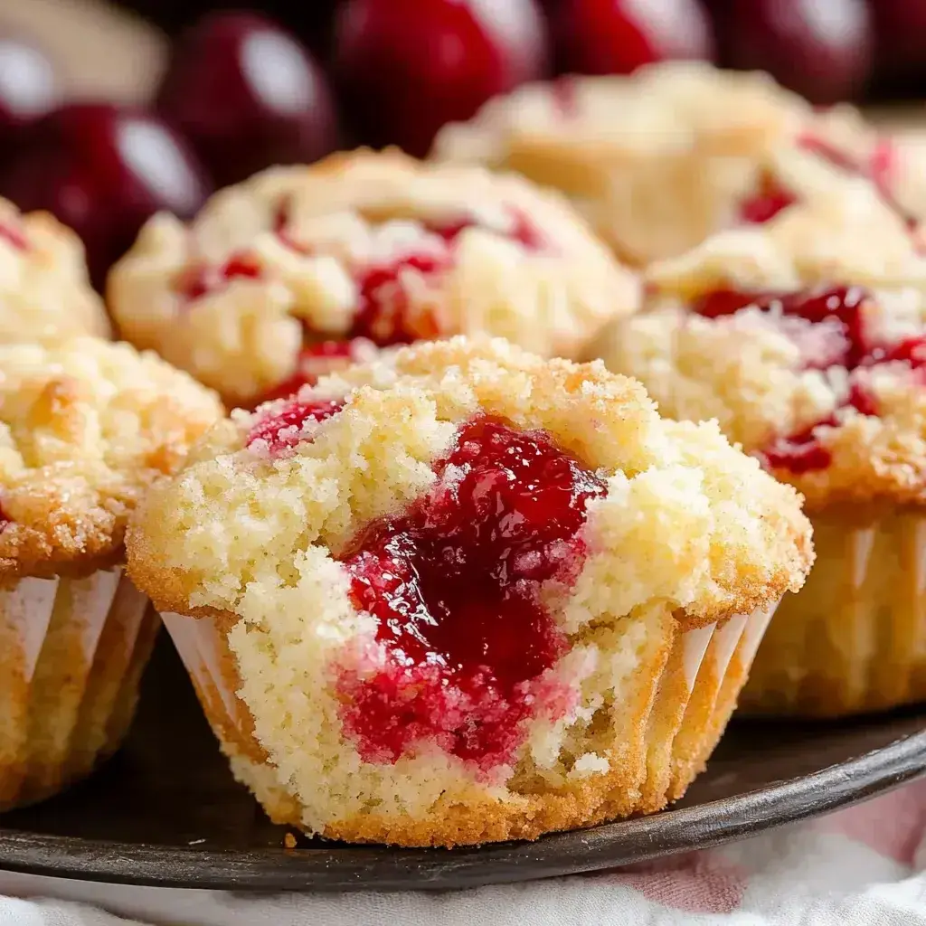 Close-up of Cherry Cobbler Muffins fresh out of the oven with streusel crumbling