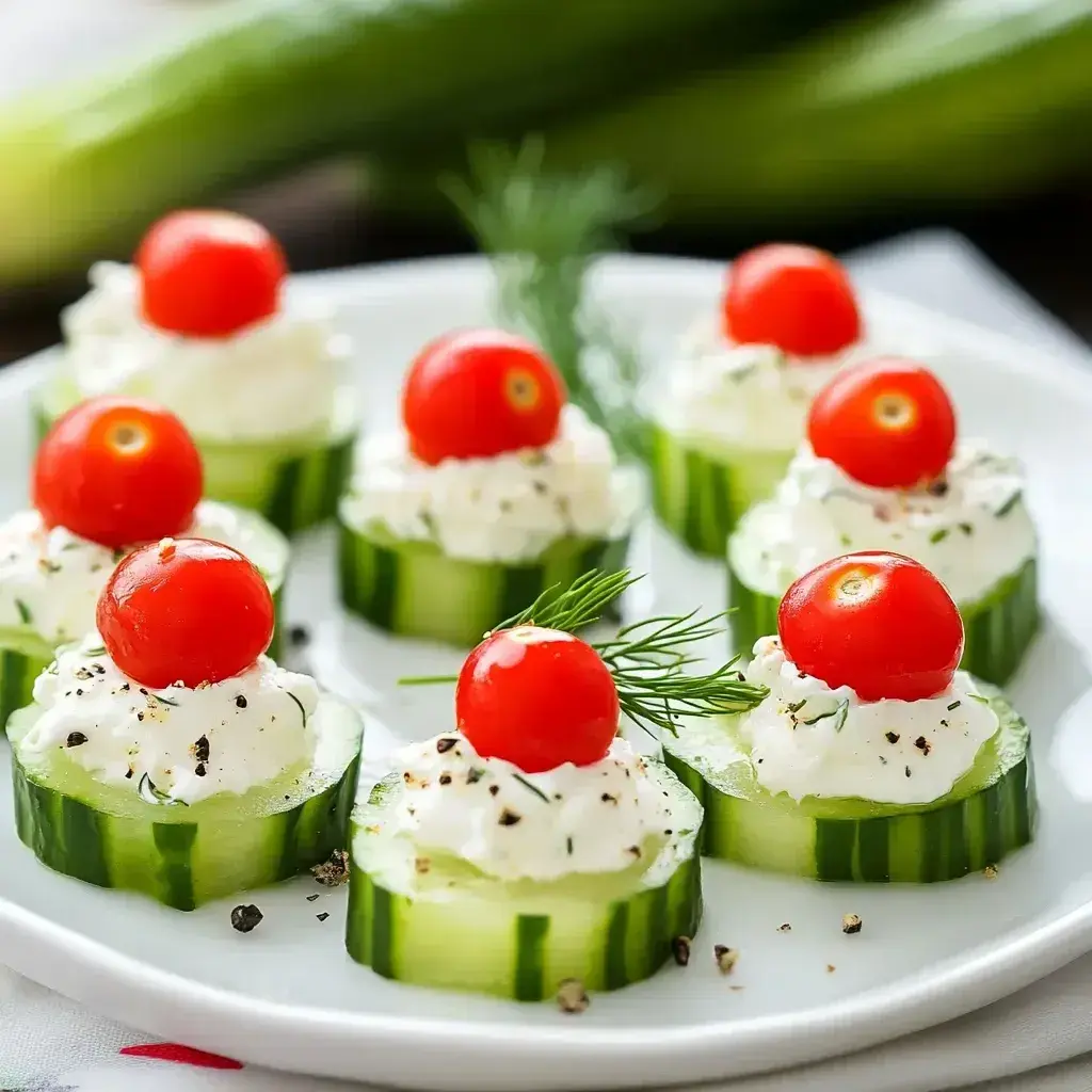 Assembled cucumber bites garnished with herbs and ready for serving