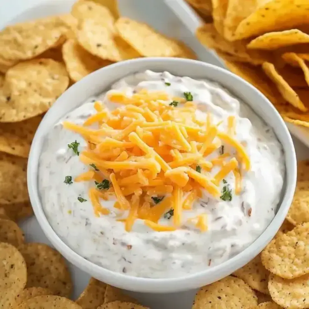 A close-up, finished bowl of Cheddar Ranch Crack Dip garnished with chives, surrounded by potato chips and vegetables for dipping.