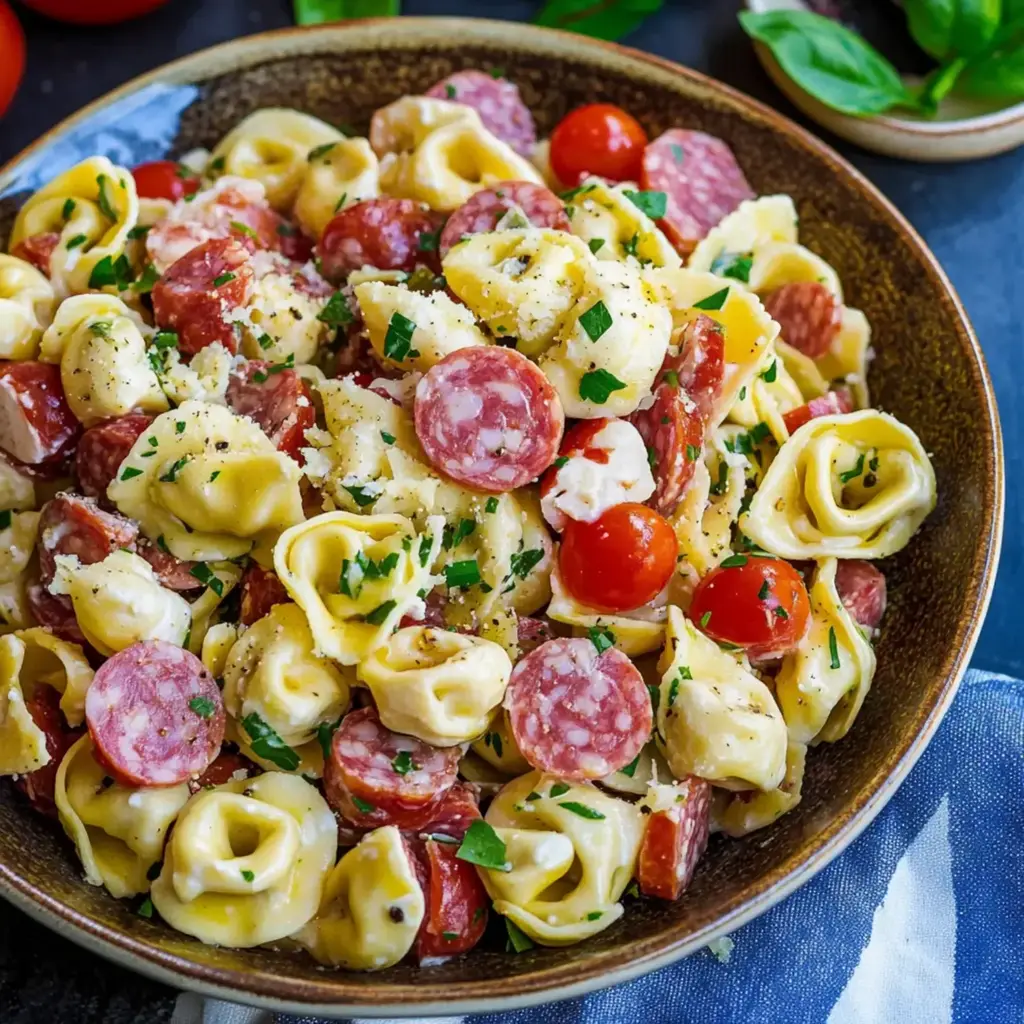 Finished Easy Quick Tortellini Salad served in a large white bowl, ready to eat