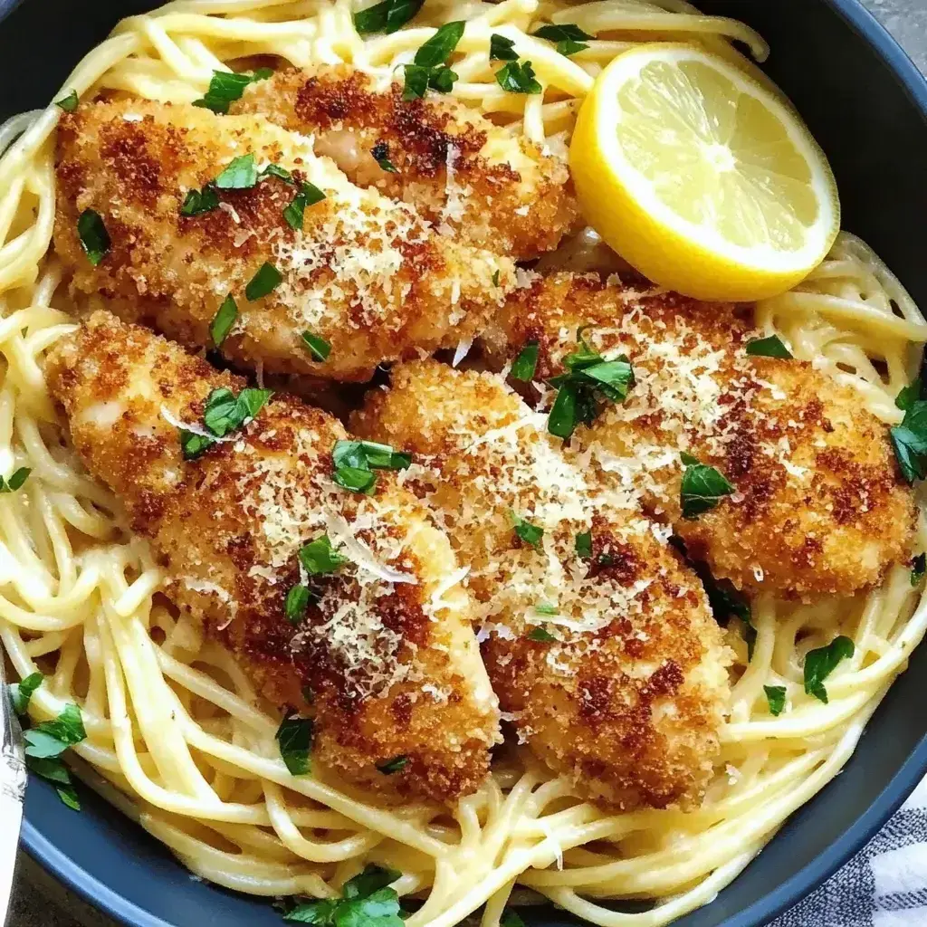 Close-up of crispy parmesan chicken cutlets on a bed of creamy lemon garlic pasta, garnished with parsley and lemon slices