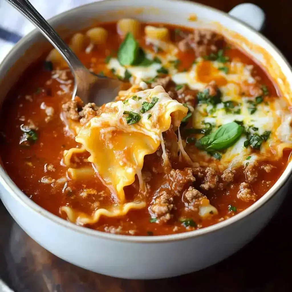 A close-up view of a steaming bowl of Easy Paula Deen Lasagna Soup, showing tender noodles, rich meat sauce, and a dollop of creamy three-cheese topping.
