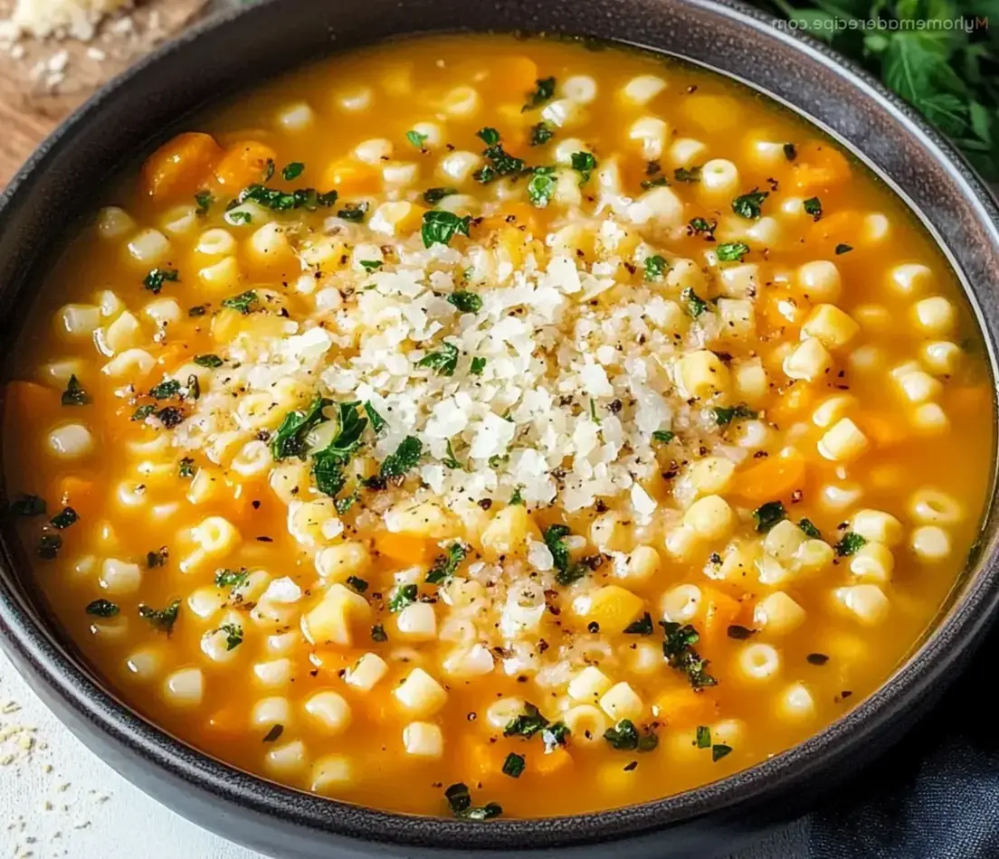 Close-up of a steaming bowl of Italian Pastina Soup with tiny star pasta, carrots, and celery, garnished with parsley.