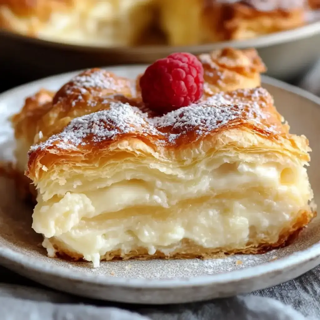Slice of Cheesecake Crescent Rolls Casserole on a plate with a fork, showing the creamy filling and flaky layers