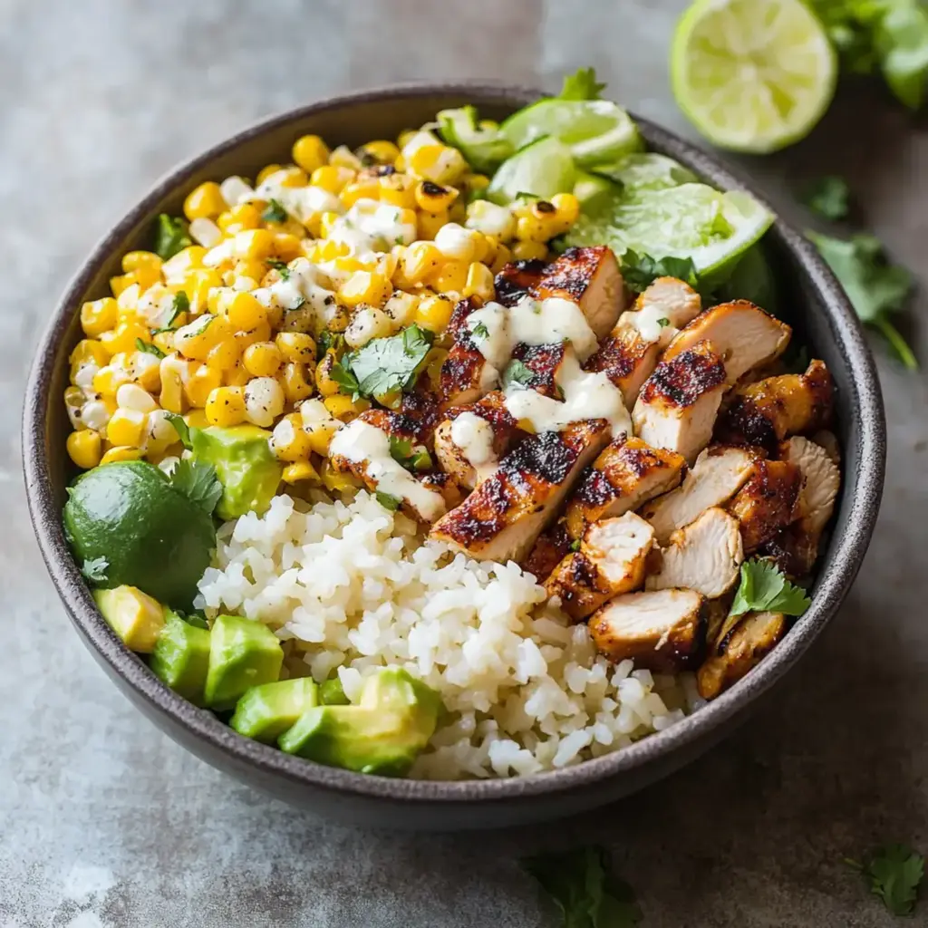 Close-up of a vibrant Mexican Street Corn Chicken Bowl showing grilled chicken, charred corn salad, avocado, and cilantro on a bed of rice