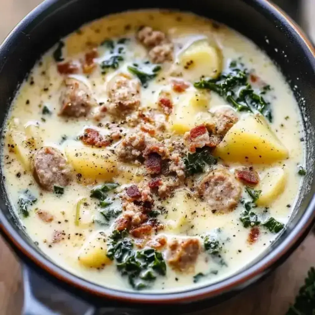 Close-up of a bowl of Tuscan Sausage Soup garnished with Parmesan cheese, served with bread on the side