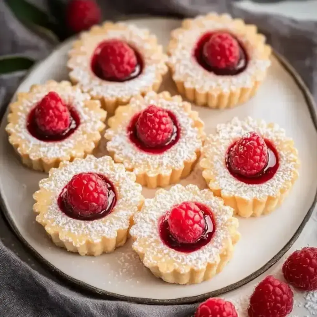 Close-up of freshly baked Mini Raspberry Almond Tarts in a muffin tin, showing the golden crust and glossy raspberry filling.