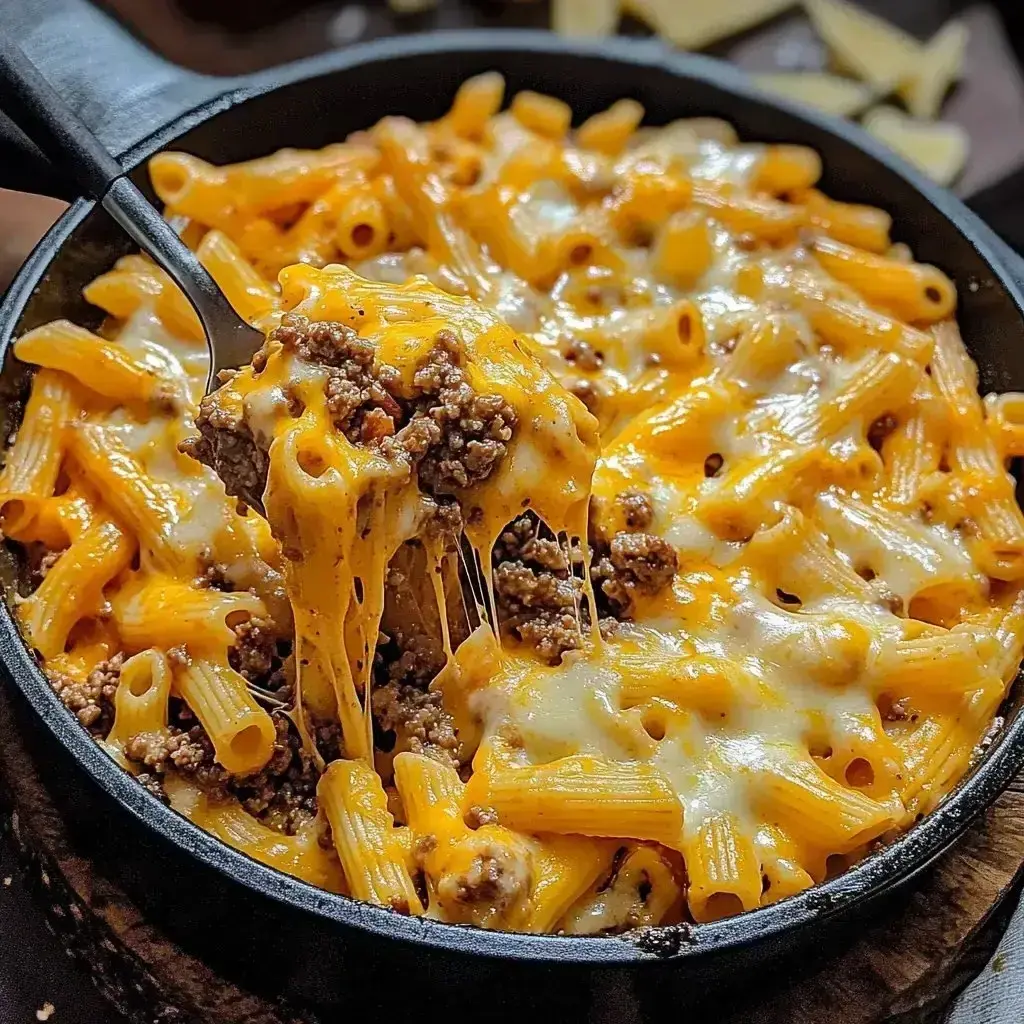 Close-up of Cheesy Sloppy Cheeseburger Pasta with a fork, showing melty cheese and ground beef