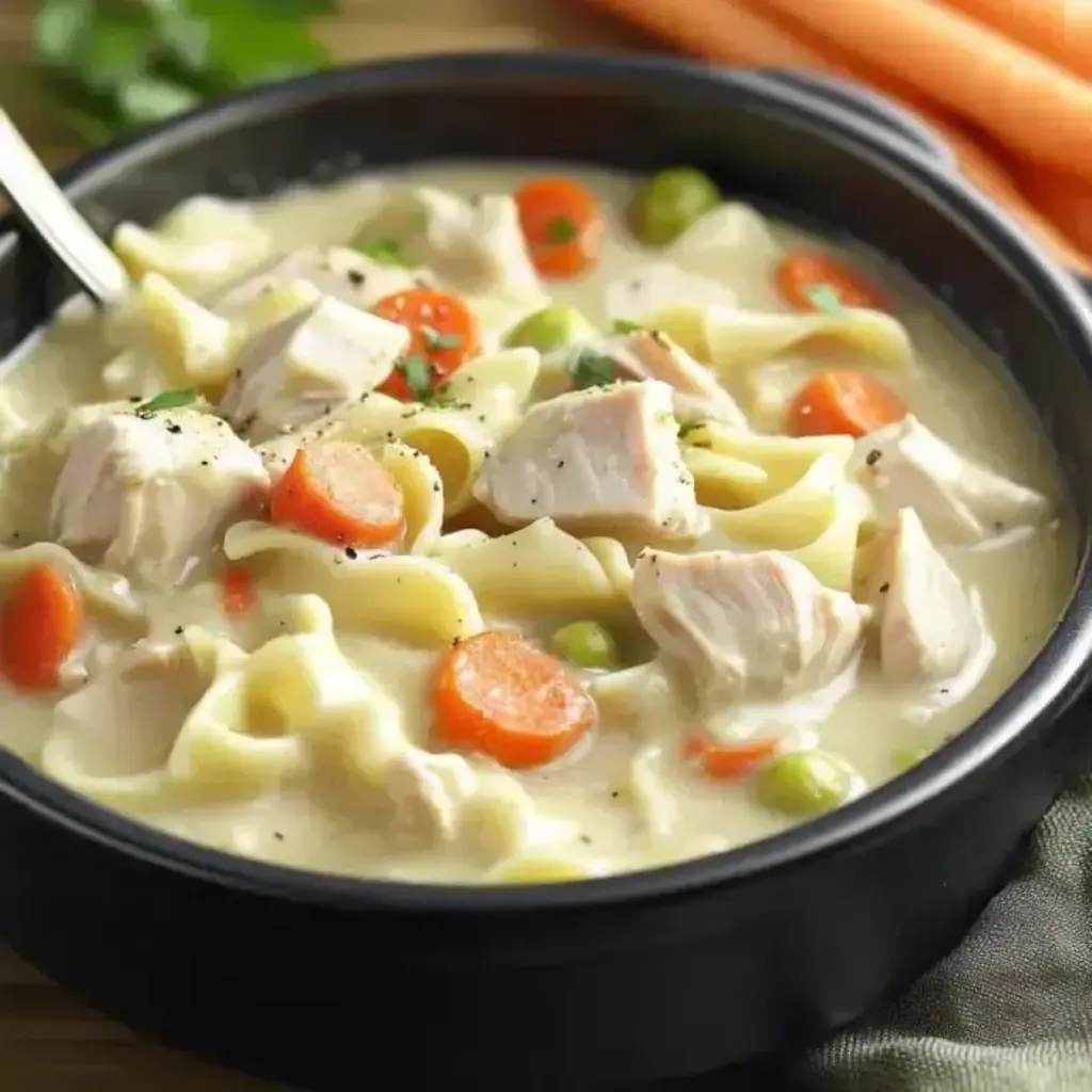 Close-up of a spoonful of creamy turkey soup with noodles, carrots, and shredded turkey