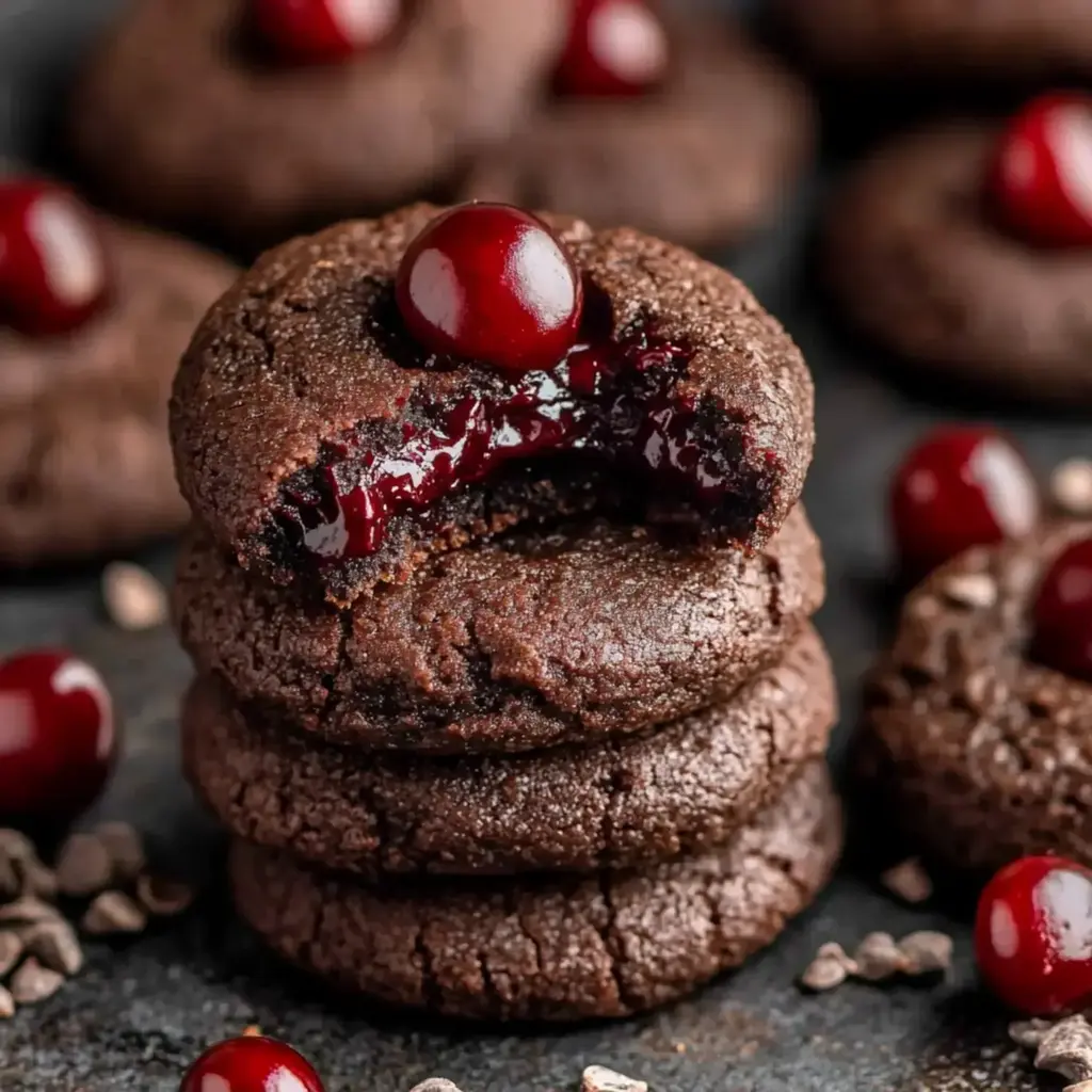 Close-up of a batch of chocolate thumbprint cookies with shiny dark chocolate cherry ganache filling, dusted with powdered sugar on a rustic wooden table.