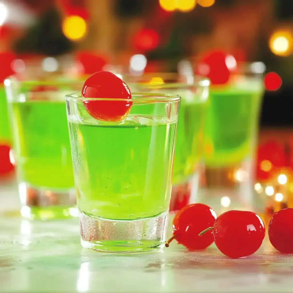 A festive table setting with multiple Grinch shots ready to serve alongside Christmas decorations