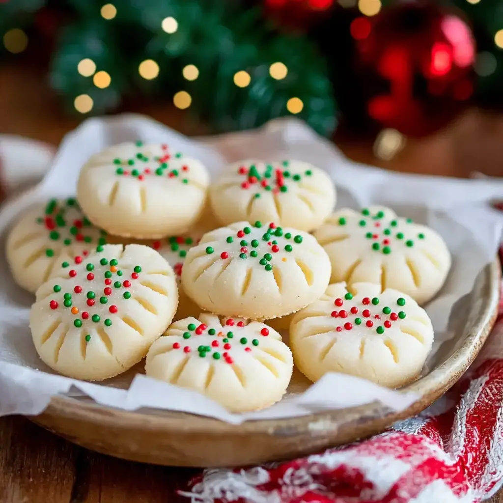 A festive platter of whipped shortbread cookies arranged with holiday decorations