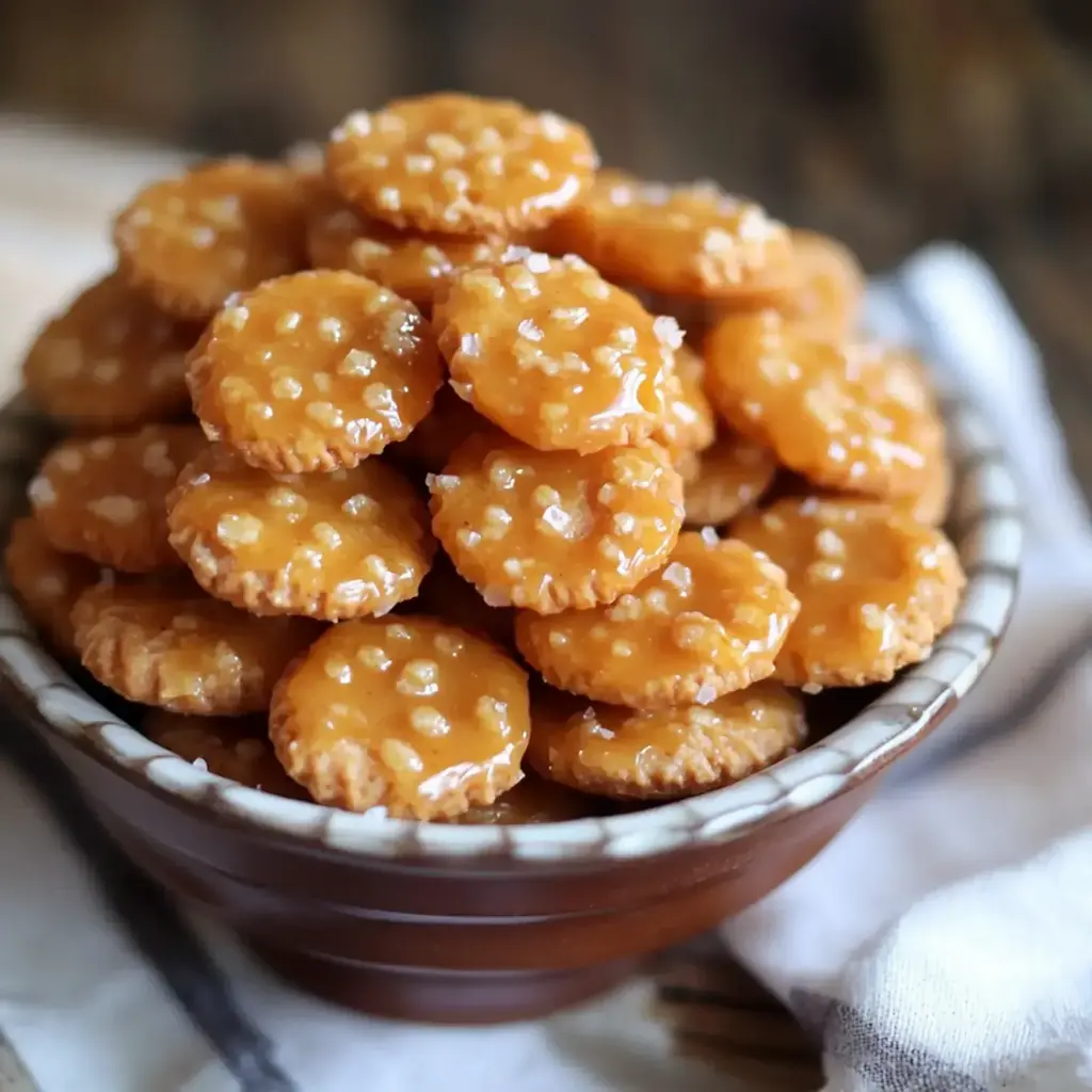 Salted Caramel Cracker Bites served in a decorative jar with a scoop, perfect for gifting or party display.