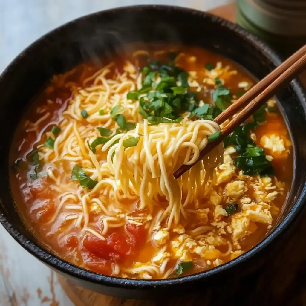 Close-up of Tomato Egg Noodle Soup in a white bowl, showing silky egg ribbons, tender noodles, and chunks of tomato in a savory broth.