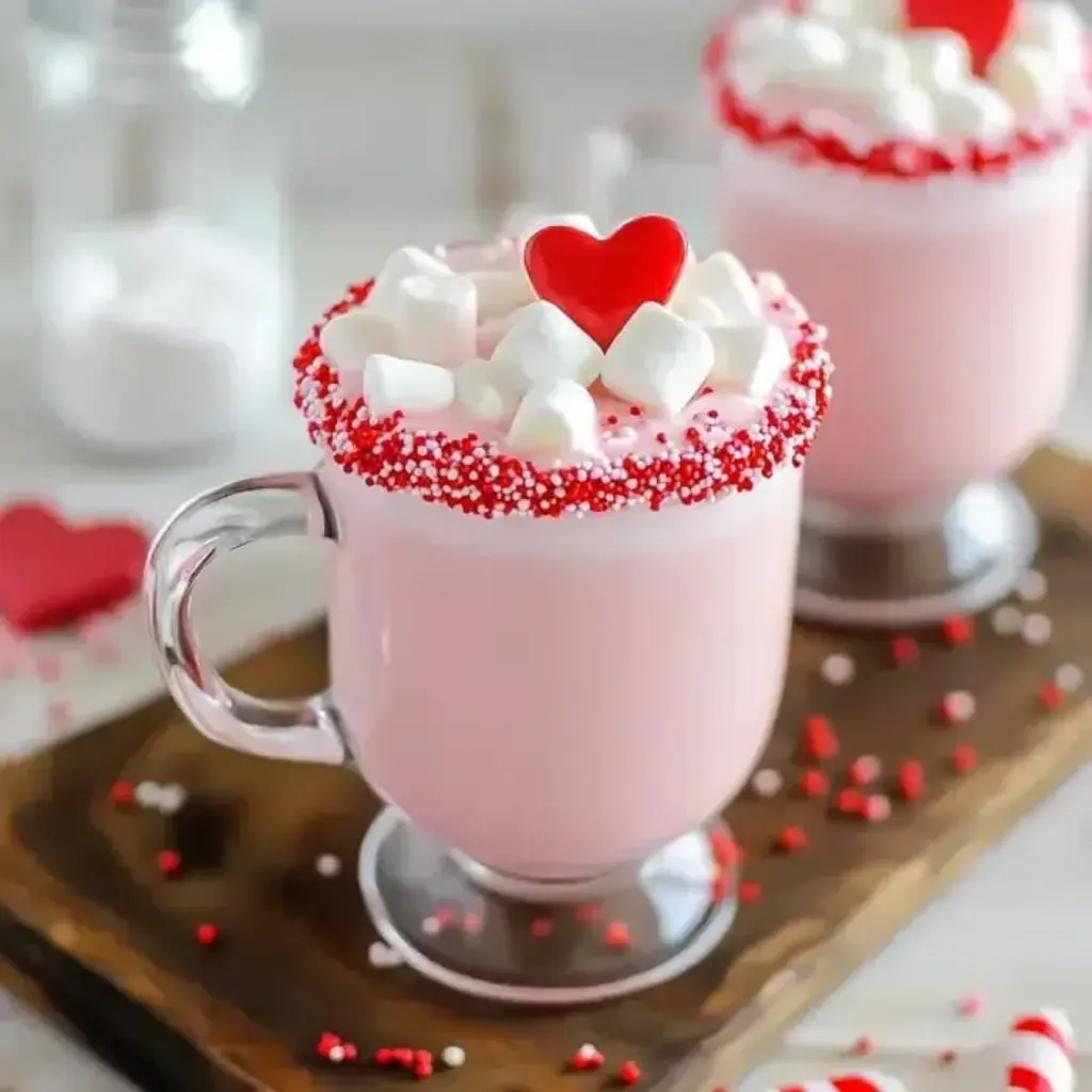 A beautiful table setting with two mugs of pink hot chocolate and decorative garnishes