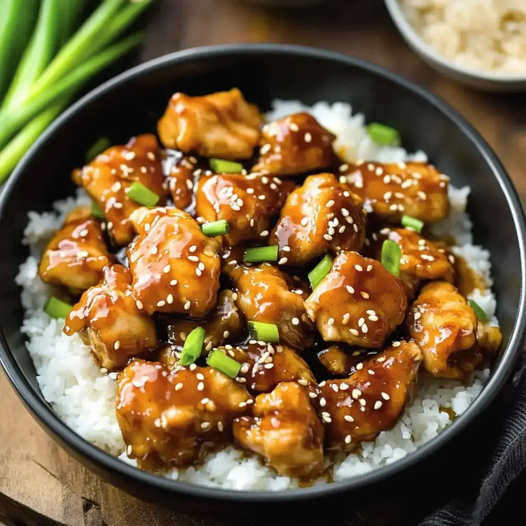 Close-up of crispy sesame chicken pieces in a glossy sauce with sesame seeds and green onions, served in a white bowl.