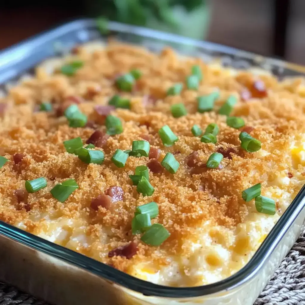 Close-up of French Onion Hashbrown Casserole showing melty cheese and crispy cracker topping in a baking dish