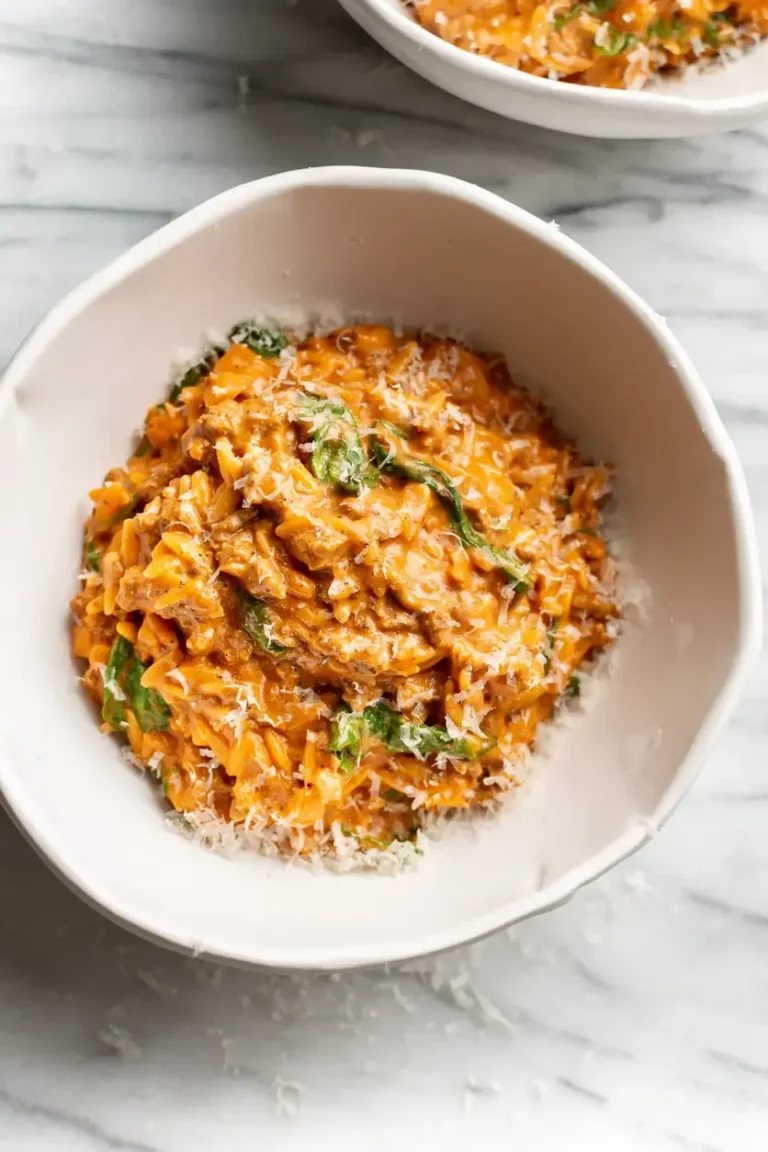 Ground Beef Orzo with Tomato Cream Sauce