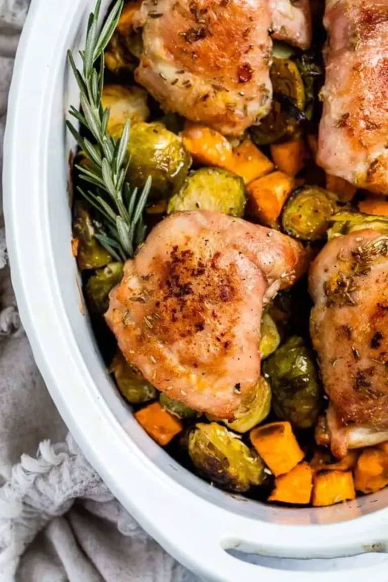 One-Pot Baked Chicken Thighs with Brussels and Sweet Potato