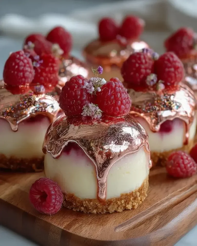 Rose Gold Raspberry Cheesecake Bombs with Mirror Glaze