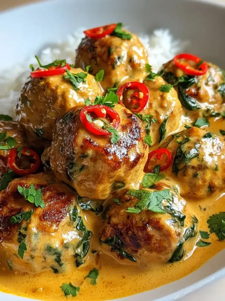 Fiery Coconut Curry Chicken Meatballs in Velvety Spinach Sauce