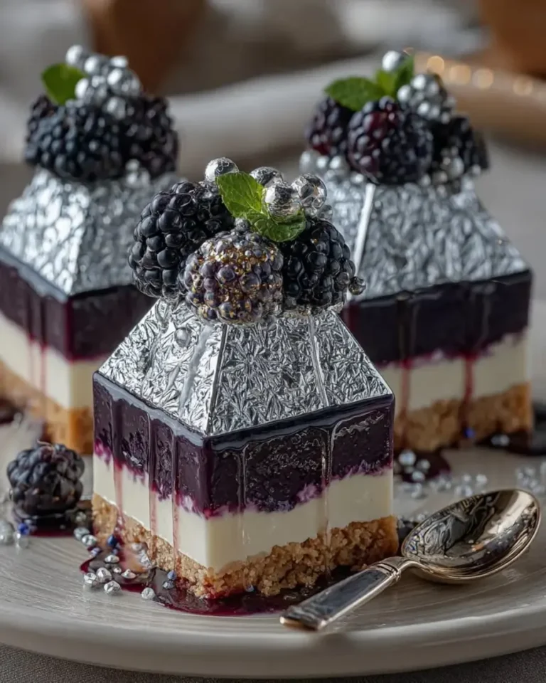 Blackberry Vanilla Mousse Pyramids with Silver Glaze