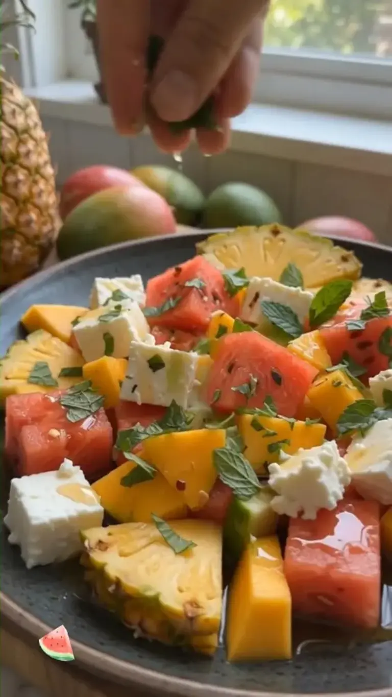 Best Tropical Fruit & Feta Salad with Hot Honey-Lime Drizzle