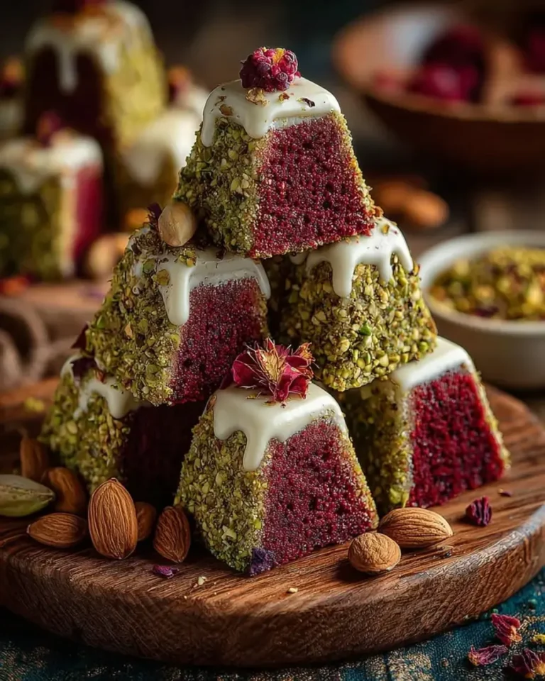 Raspberry Pistachio Velvet Pyramids with Rose Gold Glaze
