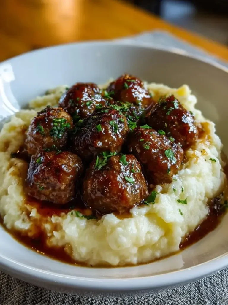 Savory Mushroom Gravy Meatballs with Creamy Mashed Potatoes