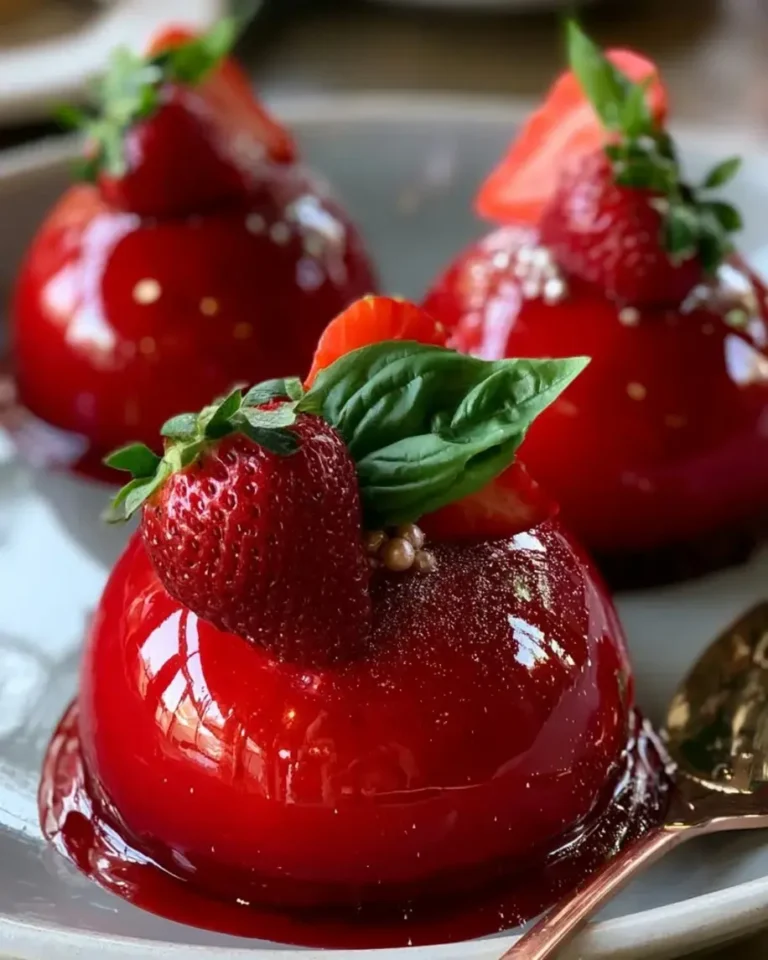 Strawberry Basil Mirror Glaze Domes with Scarlet Shine