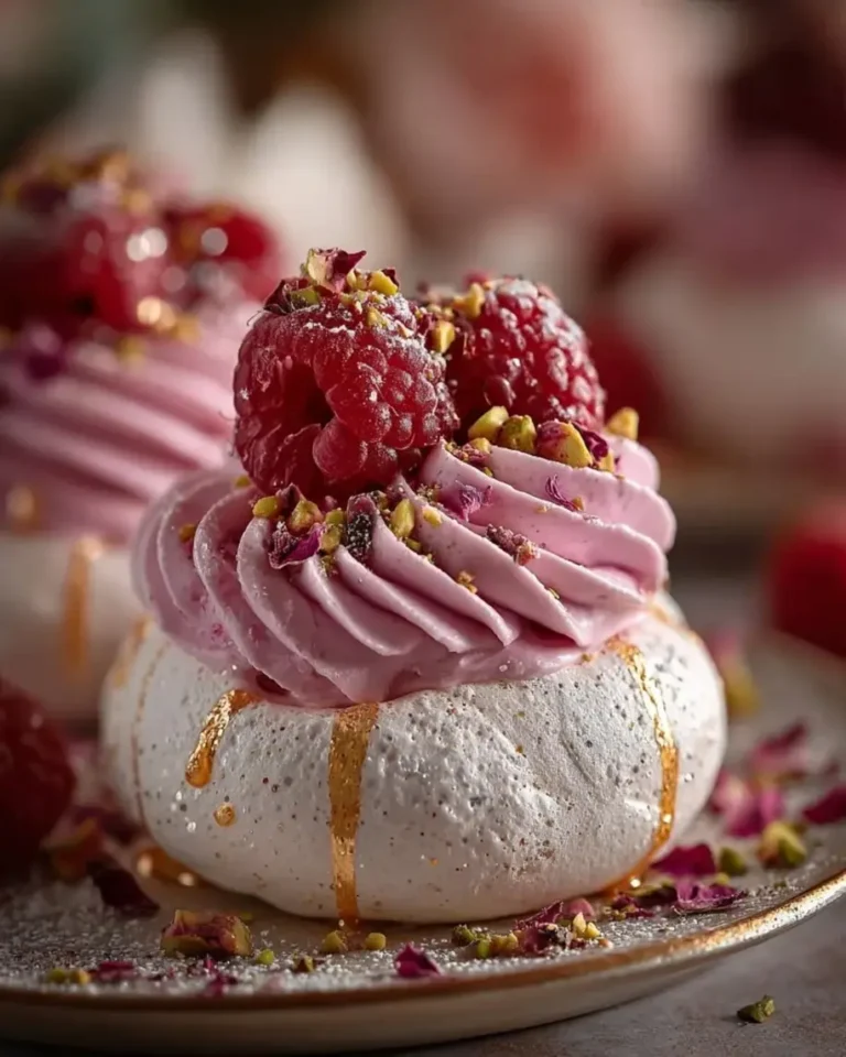 Rose Gold Pistachio Pavlova Bombs with Raspberry Cream