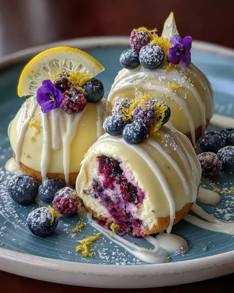 Lemon Berry Opal Cheesecake Bombs with Glass Glaze