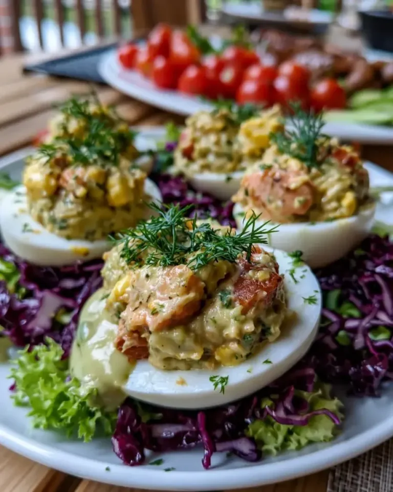 Creamy Salmon Salad Deviled Eggs with Avocado Drip