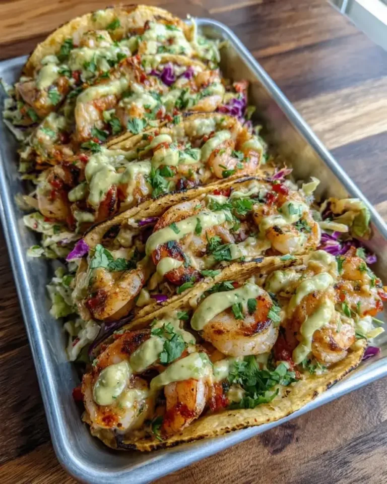 Crispy Sheet Pan Shrimp Tacos with Avocado Sauce
