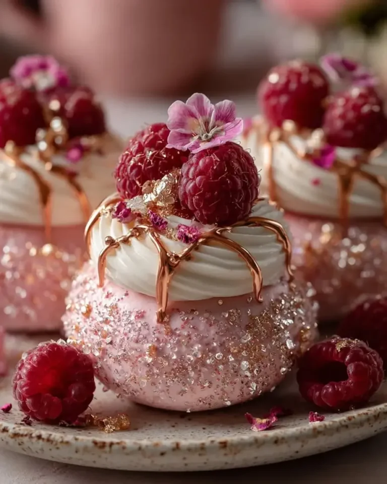 Rose Gold Raspberry Pavlova Bombs with Crystal Shell
