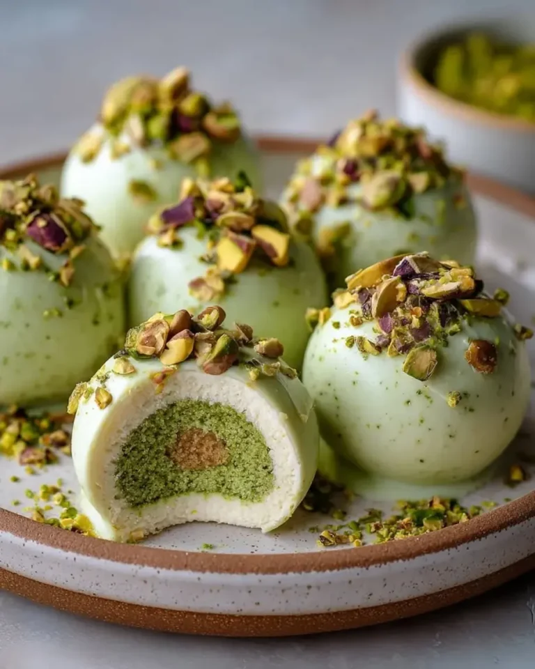 Matcha Pistachio Silk Bombs with Praline Center