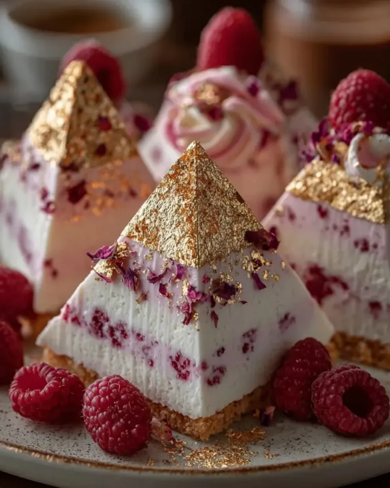 Raspberry Rose Cheesecake Pyramids with Gold Dust
