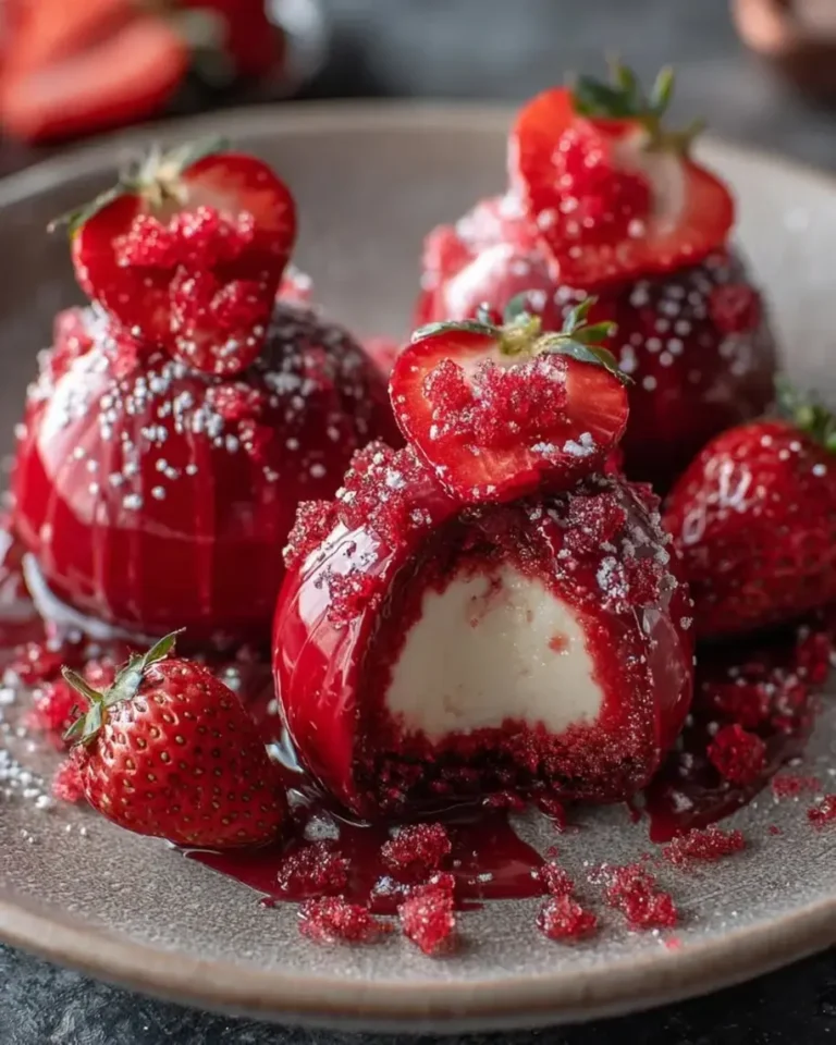 Ruby Strawberry Mirror Glaze Bombs with Hidden Cheesecake
