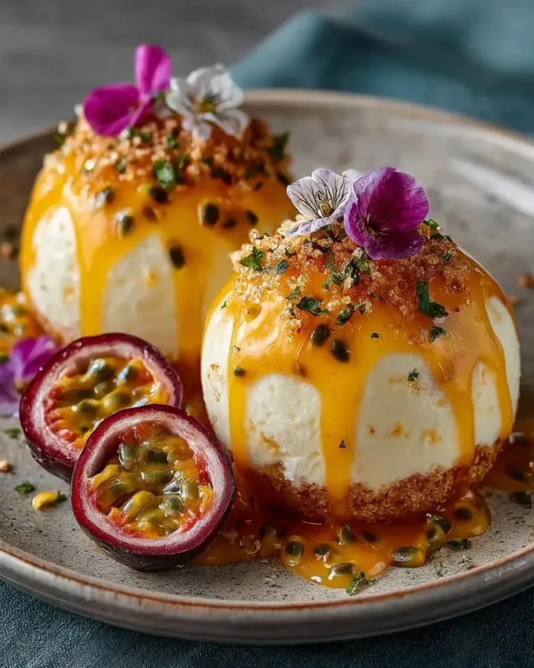 Peach Passionfruit Cheesecake Spheres with Champagne Glaze