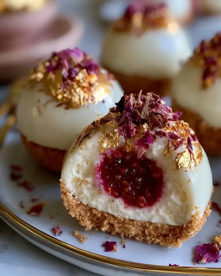 Velvet Rose Cheesecake Bombs with Gold Mirror Glaze