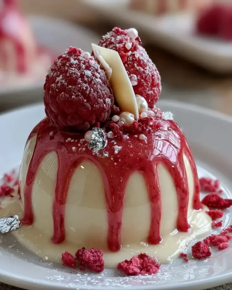 White Chocolate Raspberry Crown Bombs with Mirror Glaze