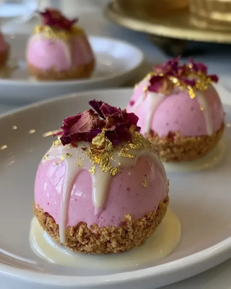 Pink Velvet Rose Cheesecake Spheres with Gold Drizzle