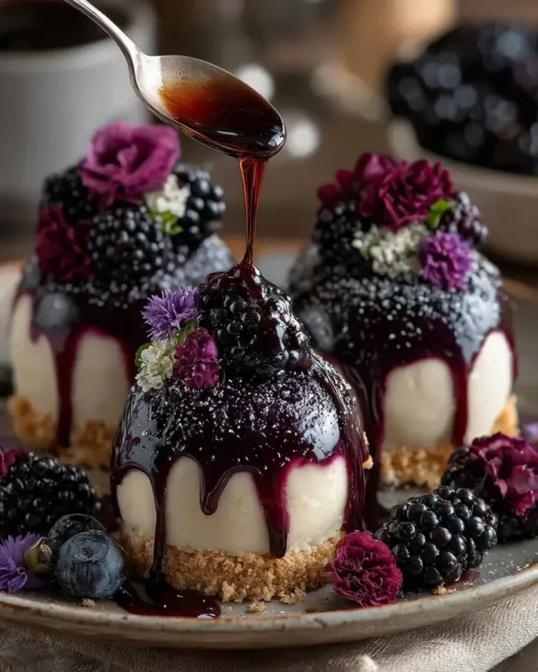 Blackberry Rose Cheesecake Bombs with Midnight Glaze